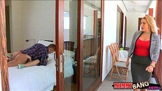 Mature Jennifer Best hardcore threesome action on the bed - porn video